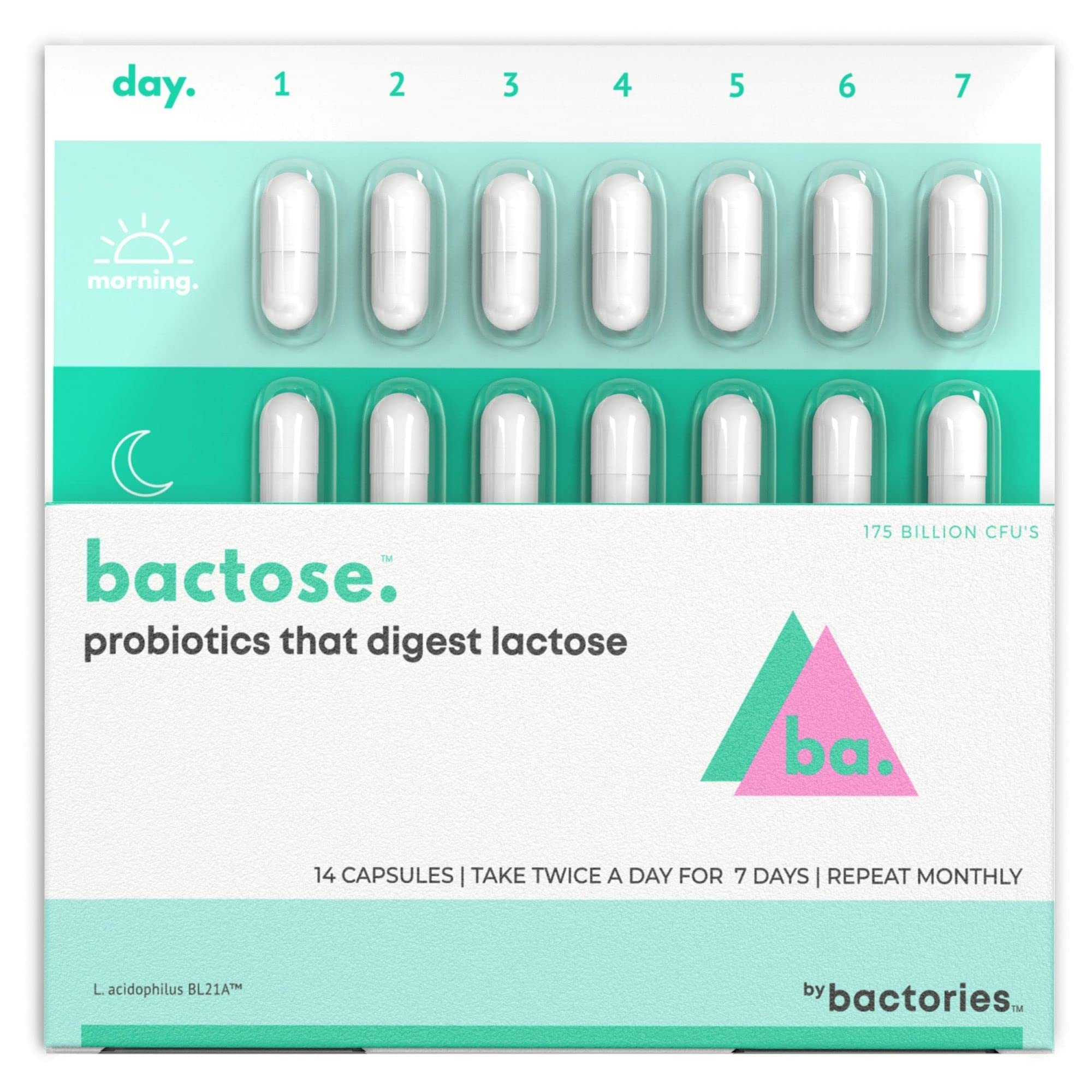 BACTOSE 7-Day bottle close-up showing a simple monthly routine for dairy lovers.