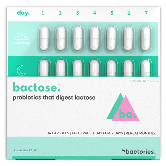 BACTOSE 7-Day bottle close-up showing a simple monthly routine for dairy lovers.
