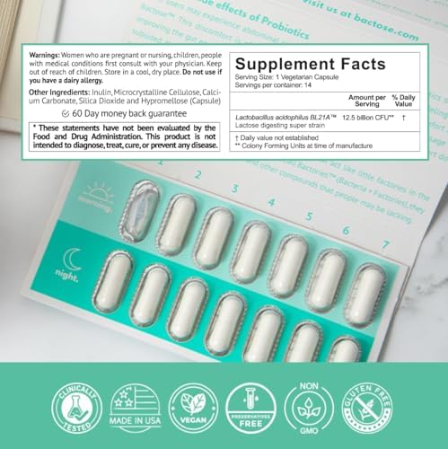 BACTOSE once-a-month schedule label shows a simple dosing rhythm for dairy fans.