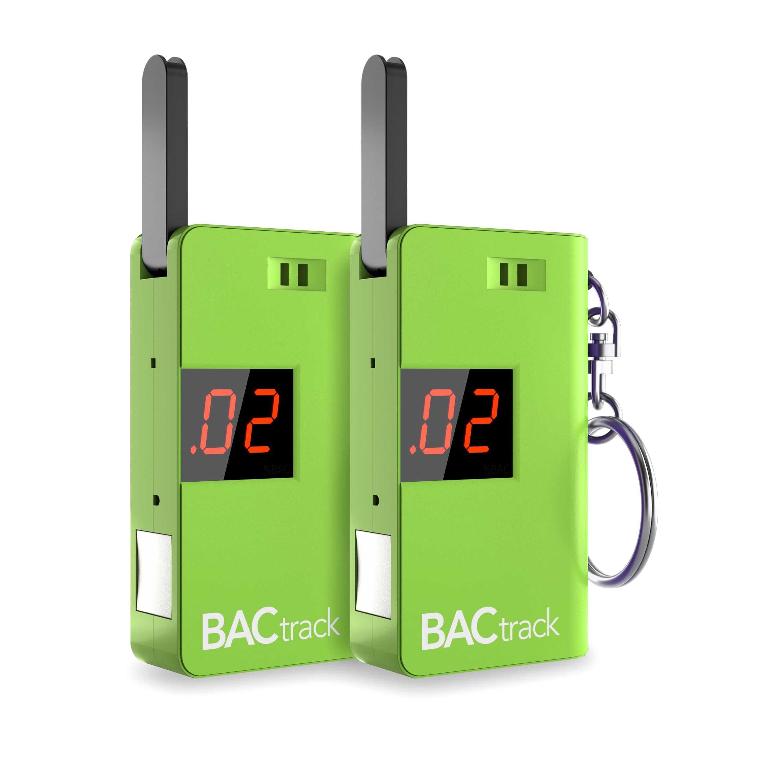 BACtrack keychain breathalyzer green front view shows compact personal tester for easy portability
