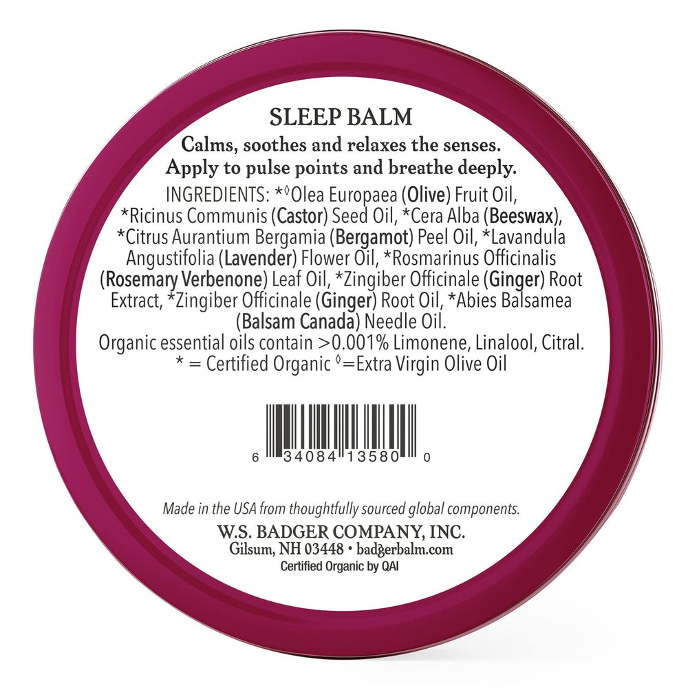 Close-up of Badger Sleep Balm tin open, creamy texture and calming aroma.