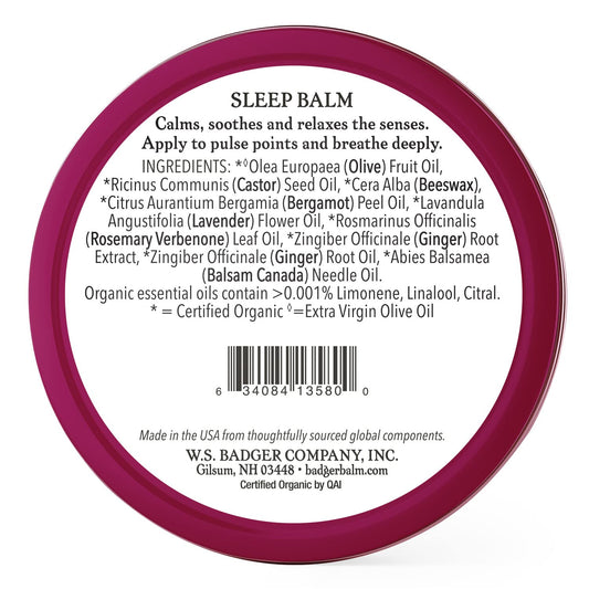 Close-up of Badger Sleep Balm tin open, creamy texture and calming aroma.