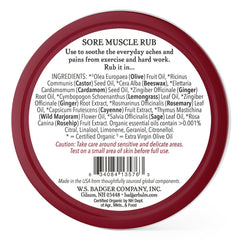 Badger Sore Muscle Rub tin close-up label, cayenne and ginger warming blend