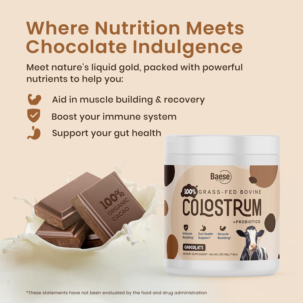 Baese Nutrition chocolate colostrum powder beside a scoop, easy daily mix for smoothies.