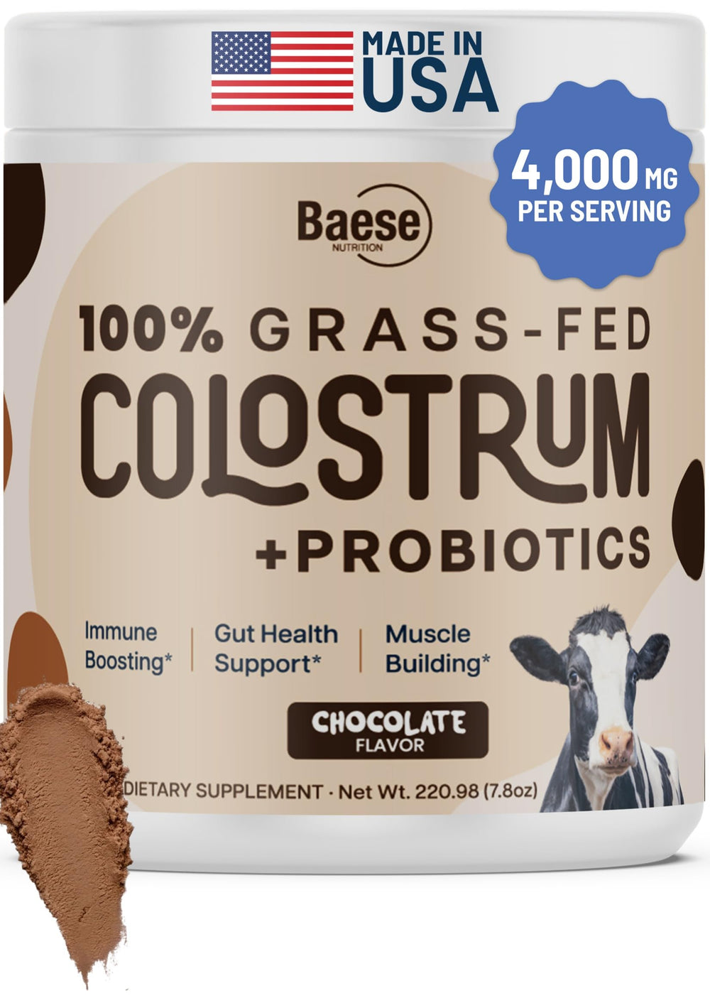 Baese Nutrition Organic Chocolate Colostrum Powder in a jar, ideal for daily immune and gut wellness.