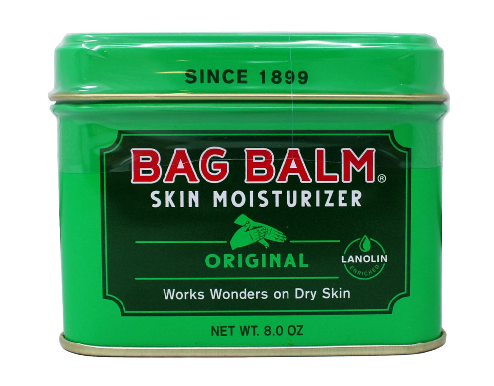 Bag Balm 8 oz tin pack display, convenient three-pack for home use.