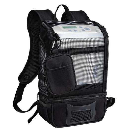 BAGSFY oxygen backpack top cover enabling quick access to Inogen One G5 controls