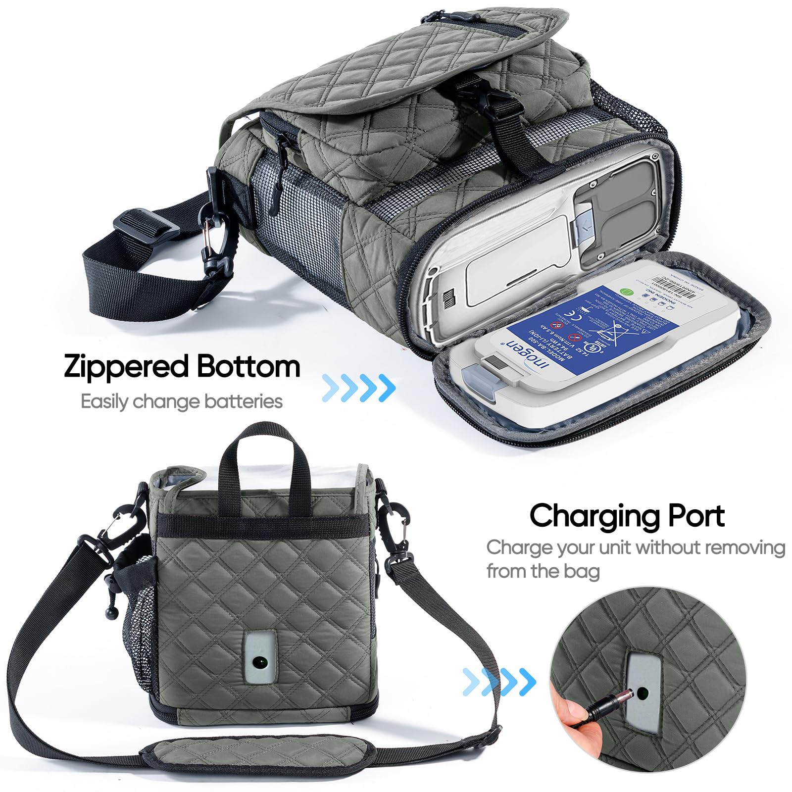 Smart storage layout with three pockets for accessories and batteries.