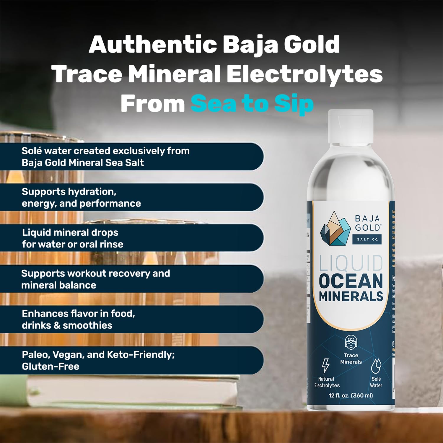 Baja Gold Liquid Mineral Drops dropper dispensing into a glass for enhanced minerals.