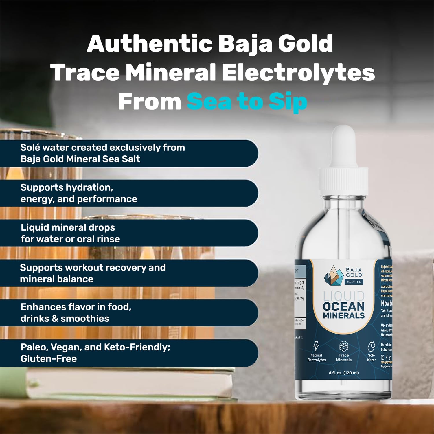 Baja Gold drops being poured into a glass of water for mineral hydration