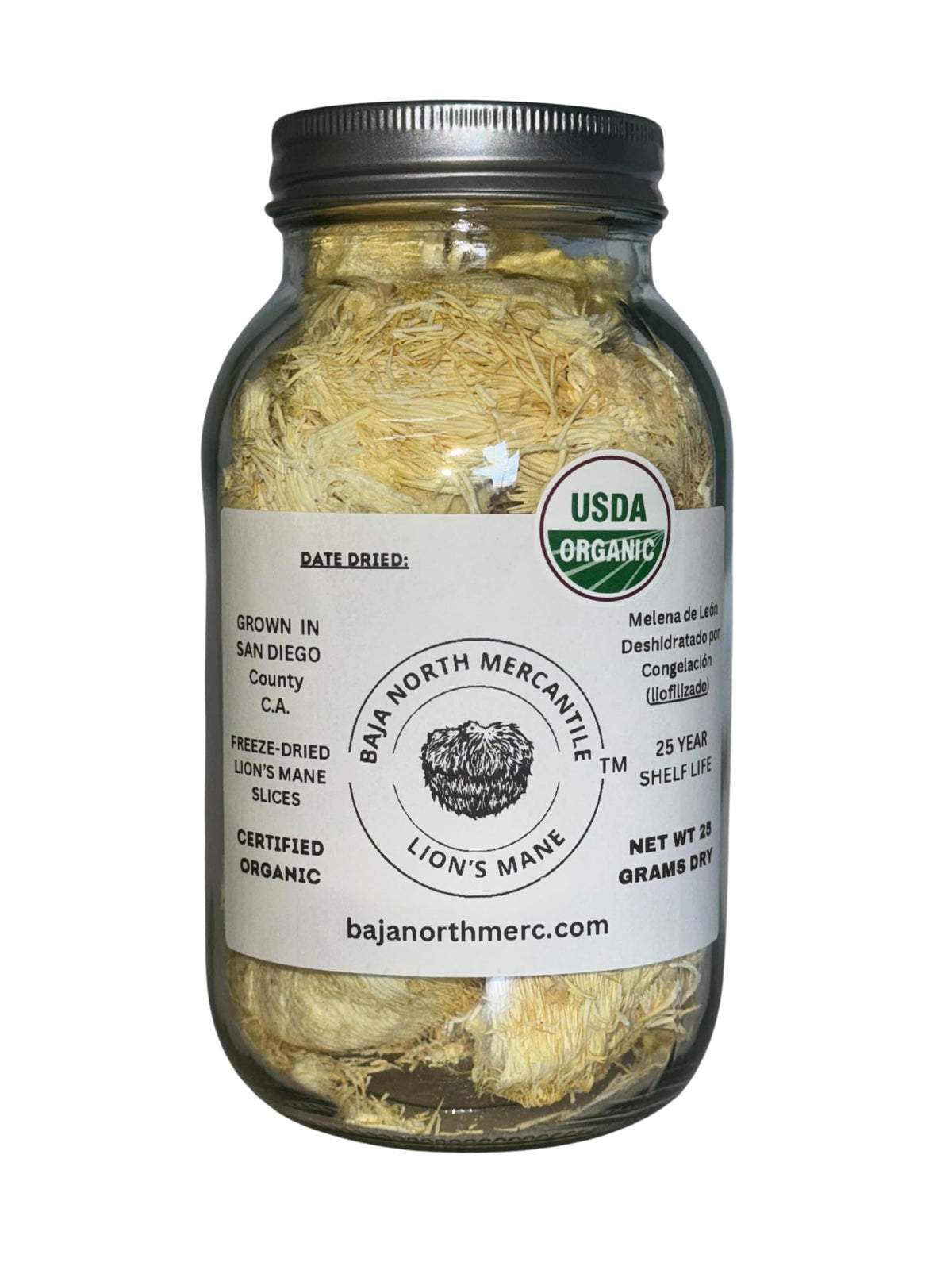 Baja North Mercantile freeze-dried Lion's Mane slices in a 25g jar for convenient freshness.