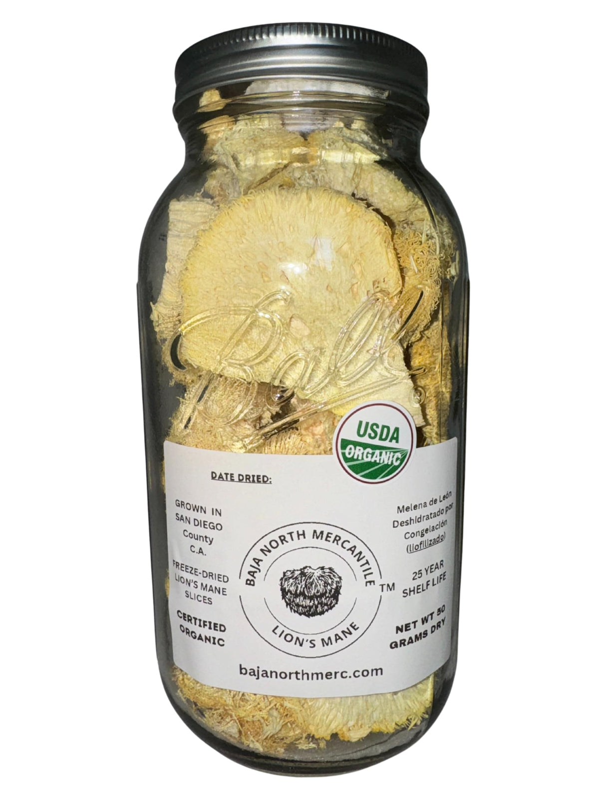 Baja North Mercantile Lions Mane slices jar closeup, premium freeze-dried texture for quick powder use.