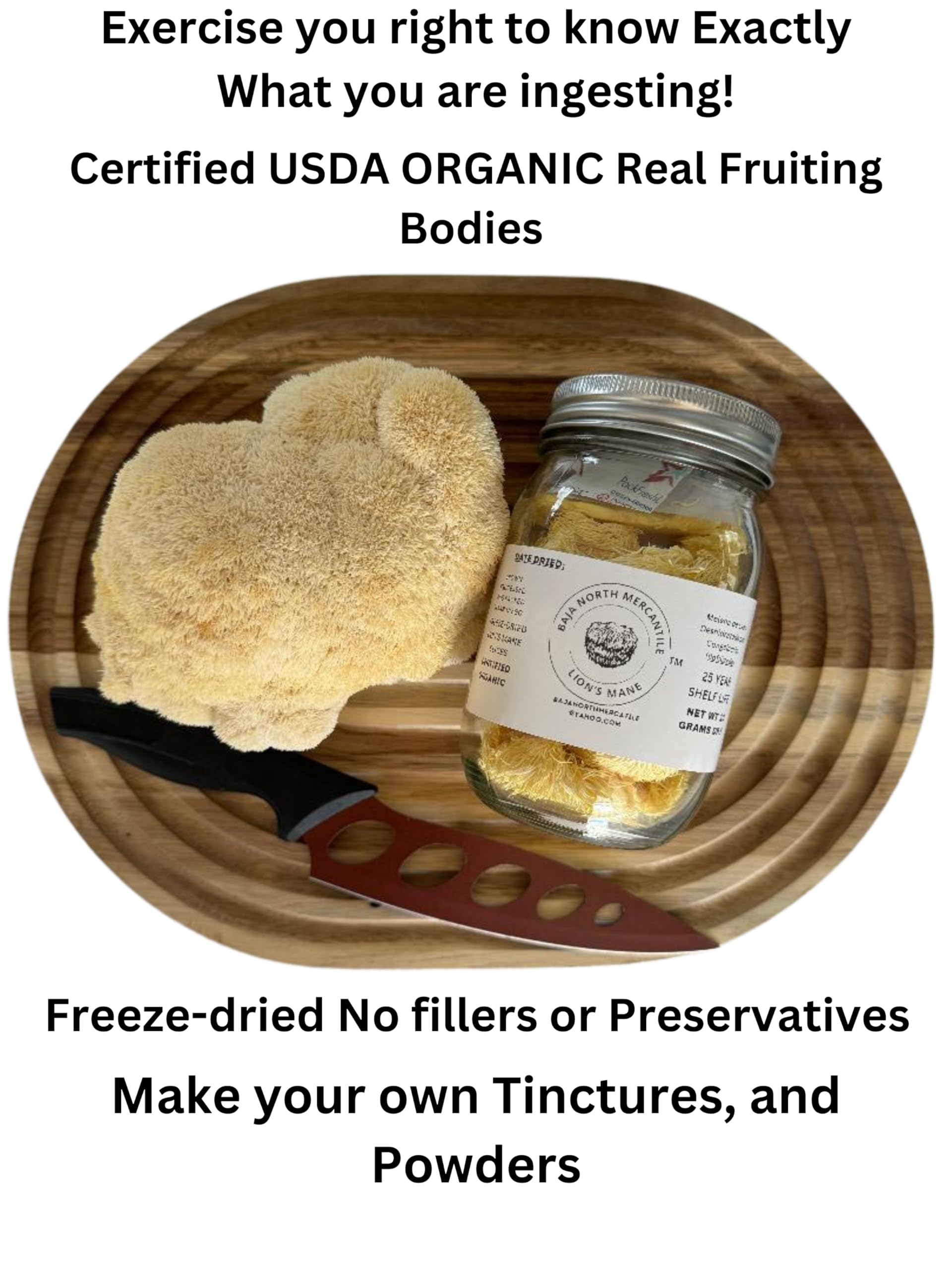 Baja North Mercantile organic lions mane mushroom, USA-grown with third-party certification.