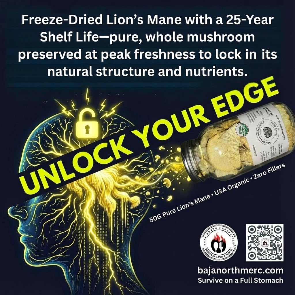 Baja North Mercantile USA-grown organic lions mane, proudly produced in the United States.