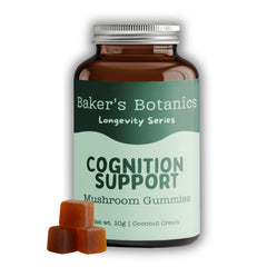 Baker's Botanics adaptogenic mushroom gummies bottle on desk, suggesting daily balance support.