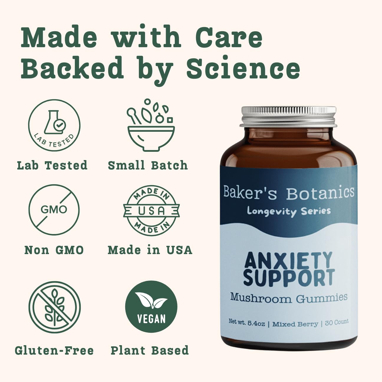 Baker's Botanics clean-label ingredients list visible on pouch.