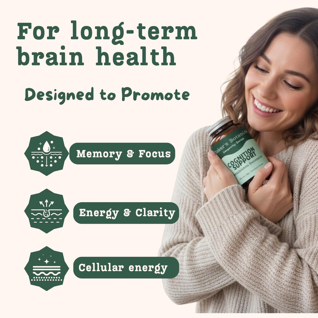 Baker's Botanics gummies on wooden surface, inviting easy daily supplementation.
