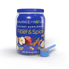 Balance of Nature Fiber & Spice bottle front view showing the daily fiber supplement.