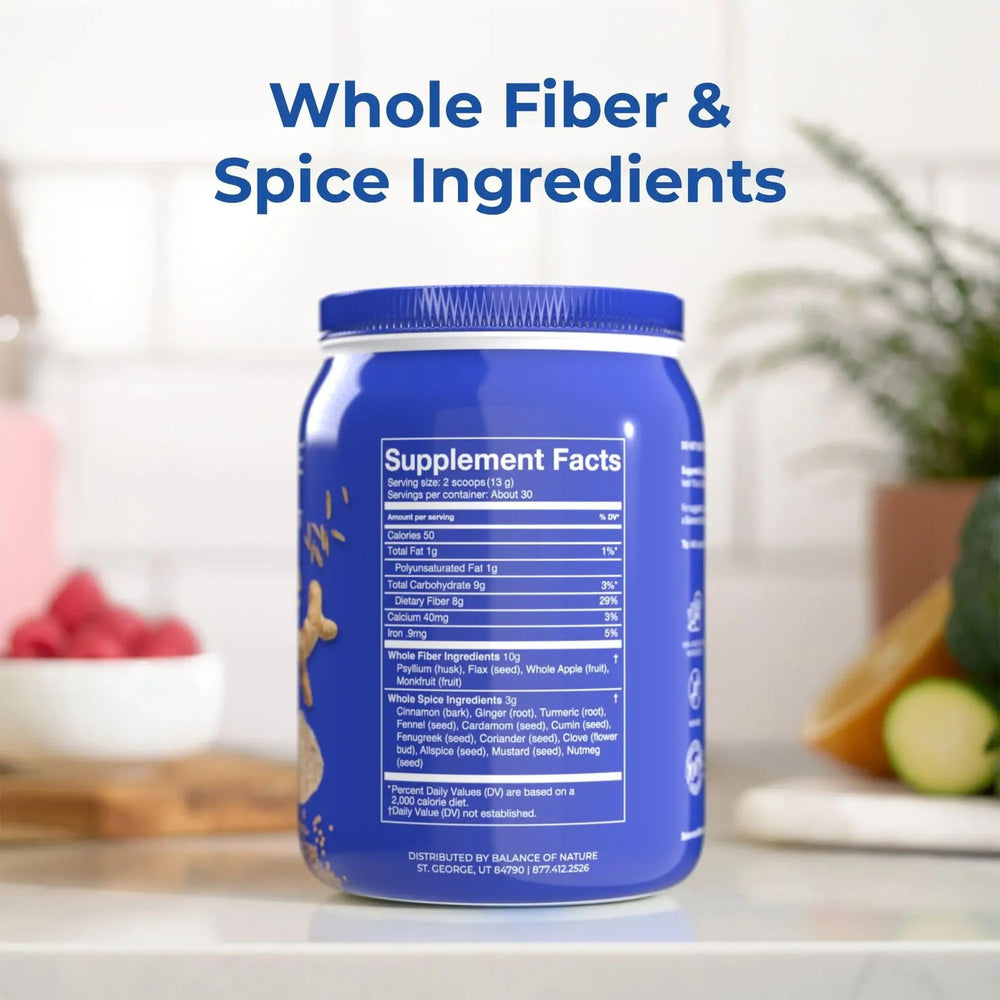 Balance of Nature Fiber & Spice scoop ready for easy dosing.