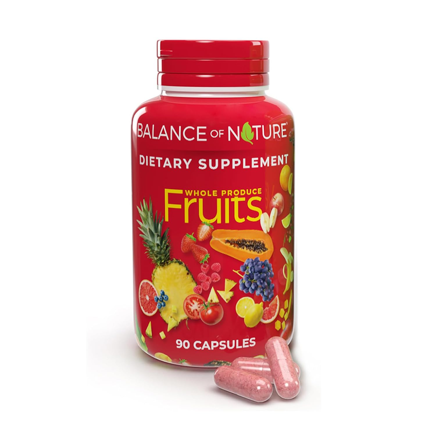 Balance of Nature Fruits supplement bottle front for convenient daily use.