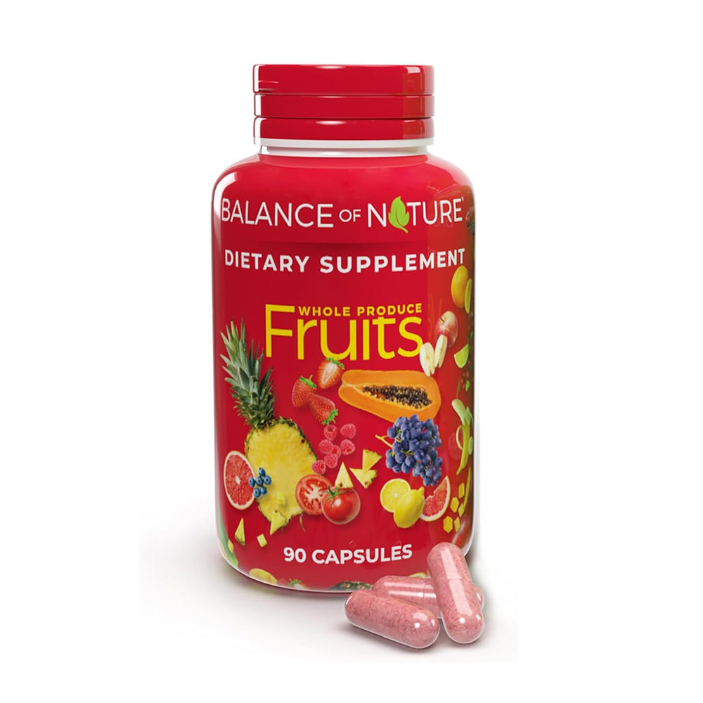Balance of Nature Fruits supplement bottle front for convenient daily use.