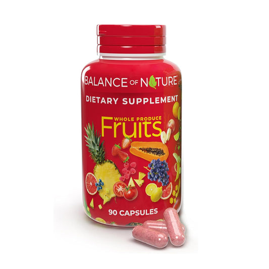 Balance of Nature Fruits supplement bottle front for convenient daily use.