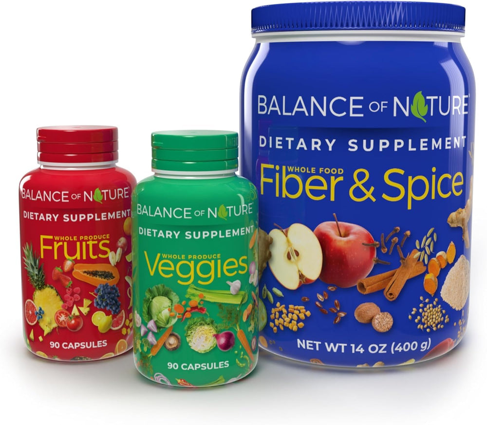 Balance of Nature Fruits supplement bottle showcasing a colorful fruit blend for daily nutrition.