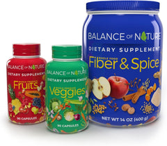 Balance of Nature Fruits supplement bottle showcasing a colorful fruit blend for daily nutrition.