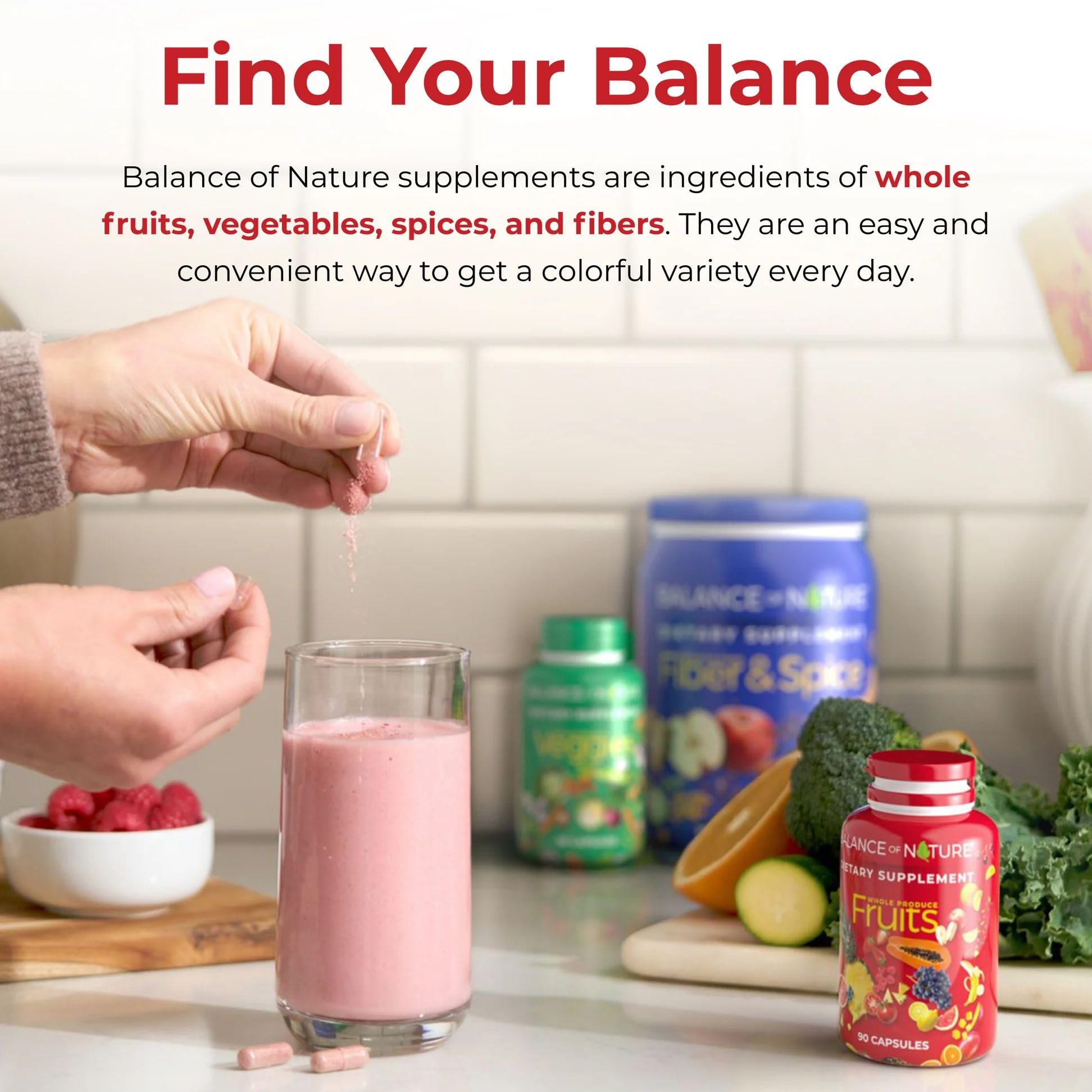 Balance of Nature bundle offer image presents Fruits with Veggies and Fiber & Spice.