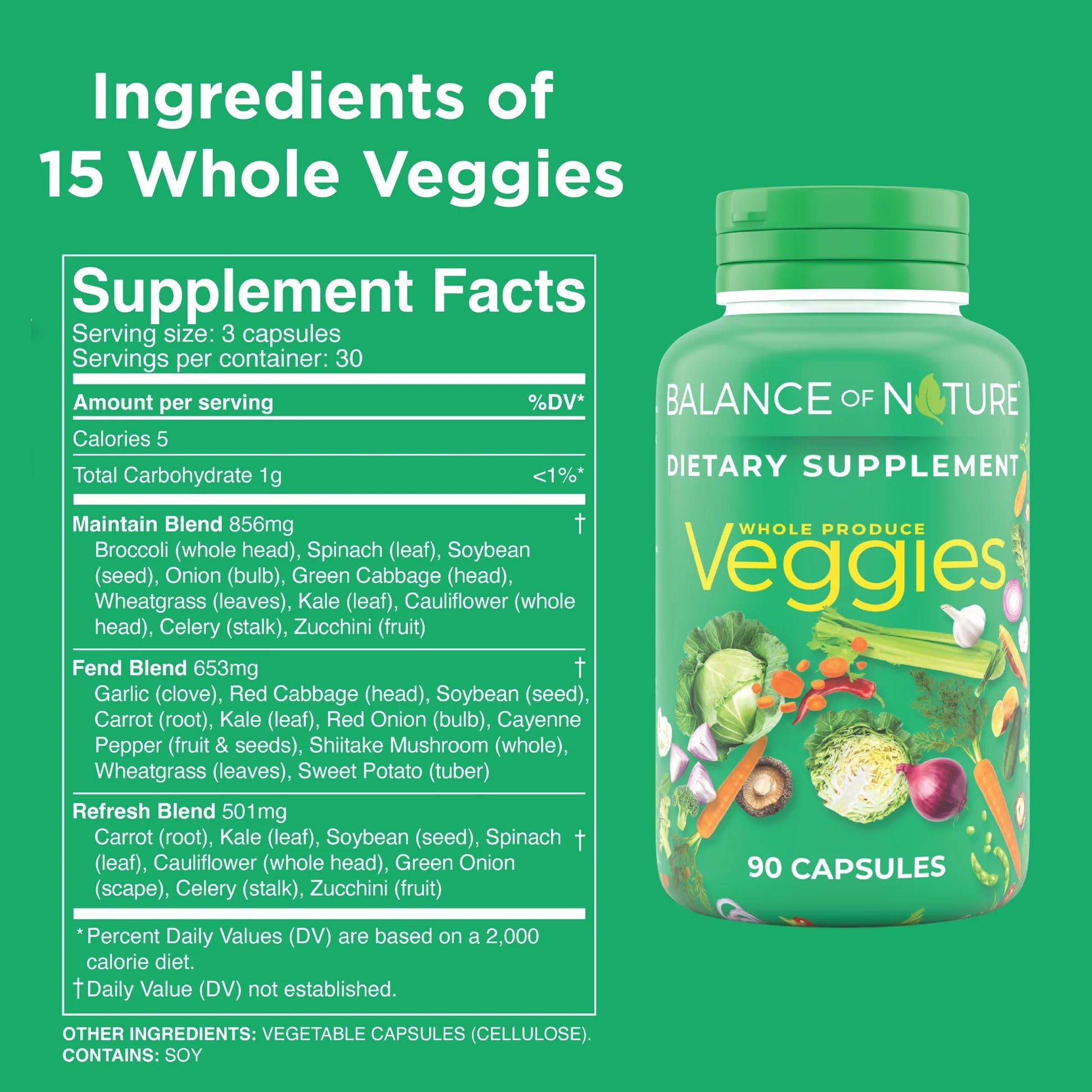 Balance of Nature Veggies ingredients list featuring broccoli and carrots.