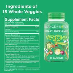 Balance of Nature Veggies ingredients list featuring broccoli and carrots.