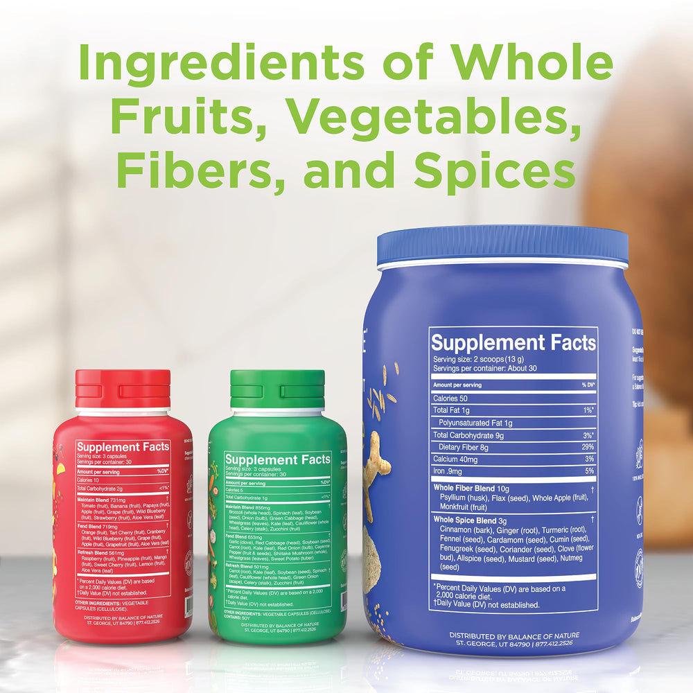 Balance of Nature Veggies supplement bottle highlighting a green, veggie-rich formula for everyday wellness.
