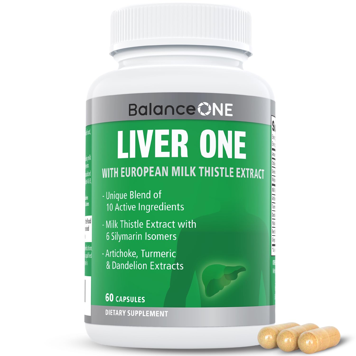 Balance ONE liver-support bottle with milk thistle label supports daily detox