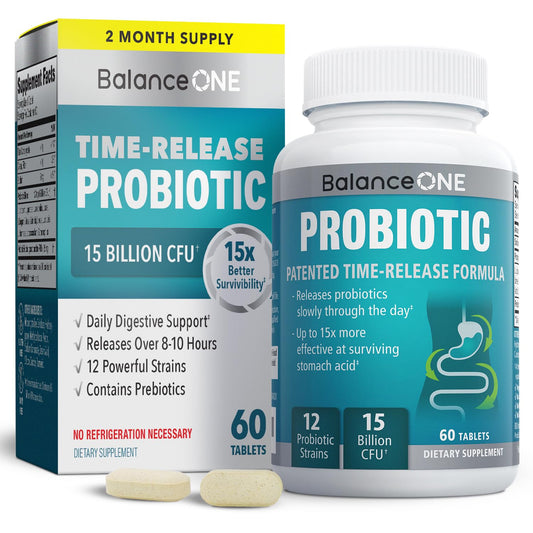 Balance ONE time-release probiotic bottle front promotes daily gut support.