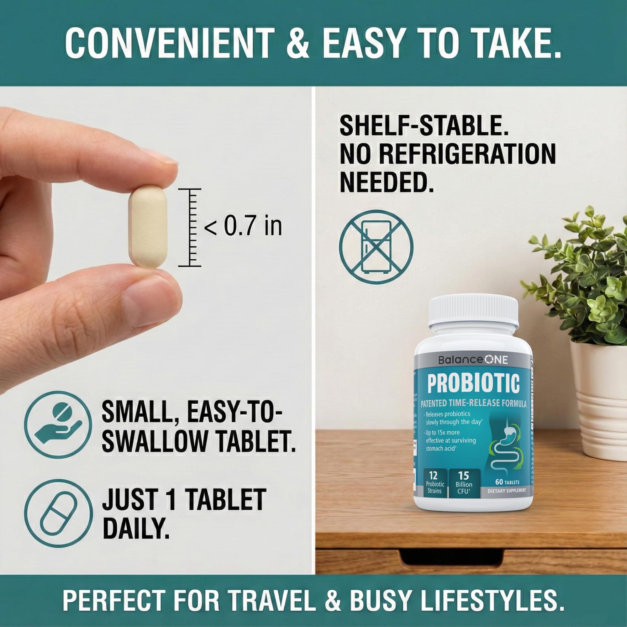 Balance ONE travel-ready packaging supports on-the-go probiotic use.