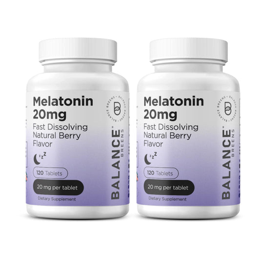 Balancebreens Melatonin 20mg bottle closeup supports easier sleep onset.