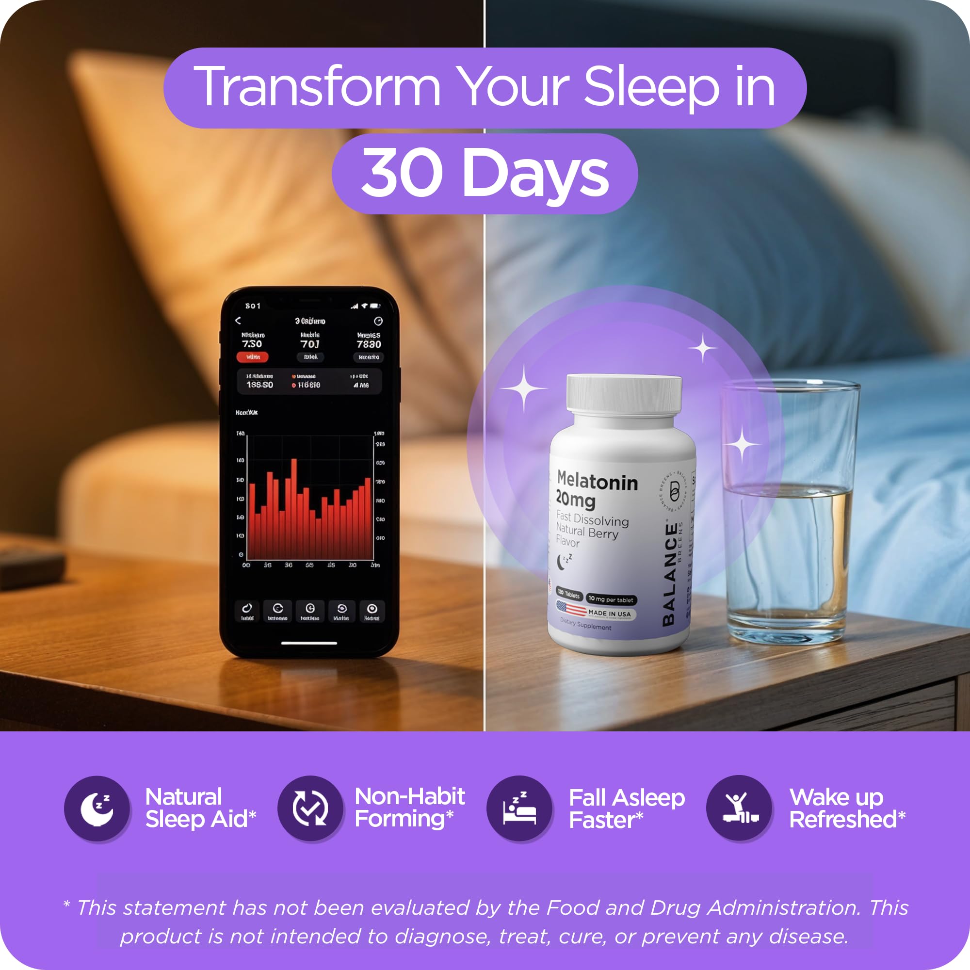 Balancebreens Melatonin 20mg bottle packaging on shelf signals sleep support for adults.