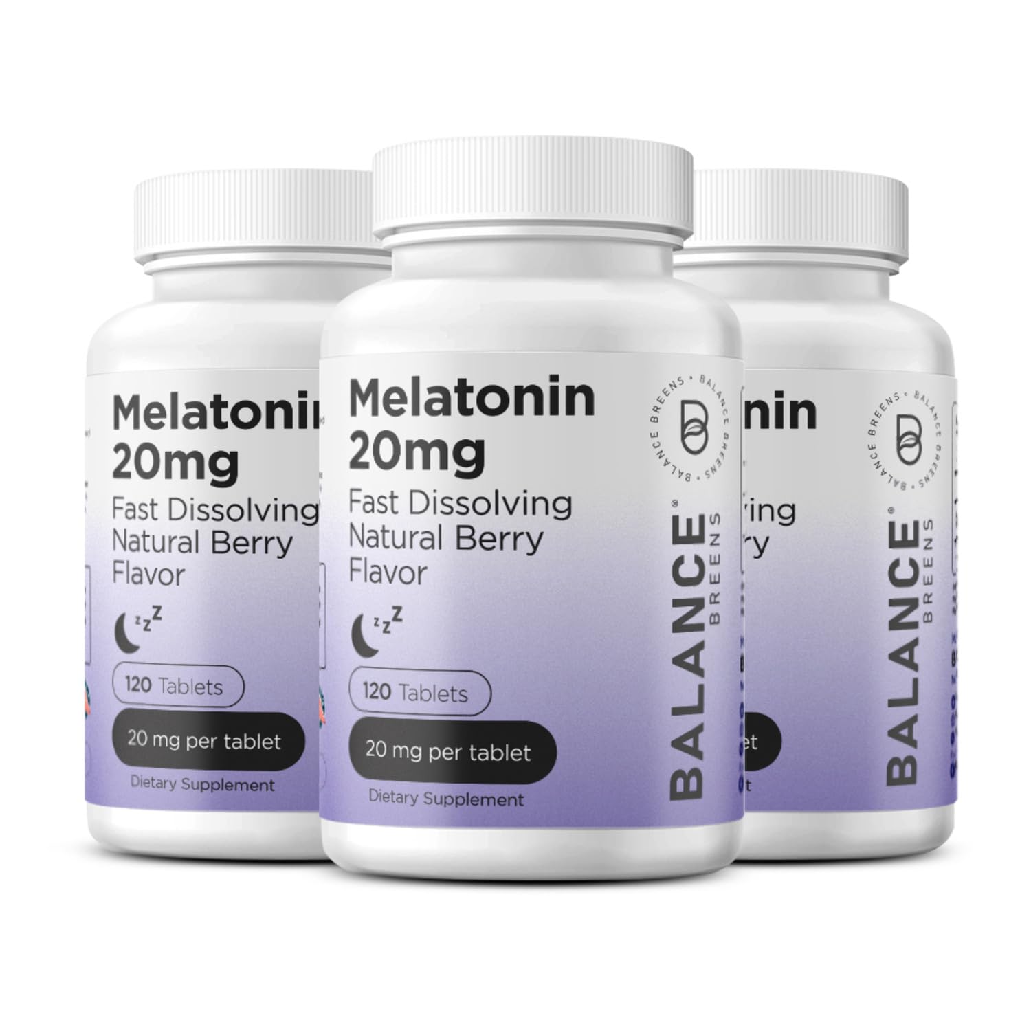 Balancebreens Melatonin 20mg fast-dissolve bottle for quick sleep support and convenient nightly use.