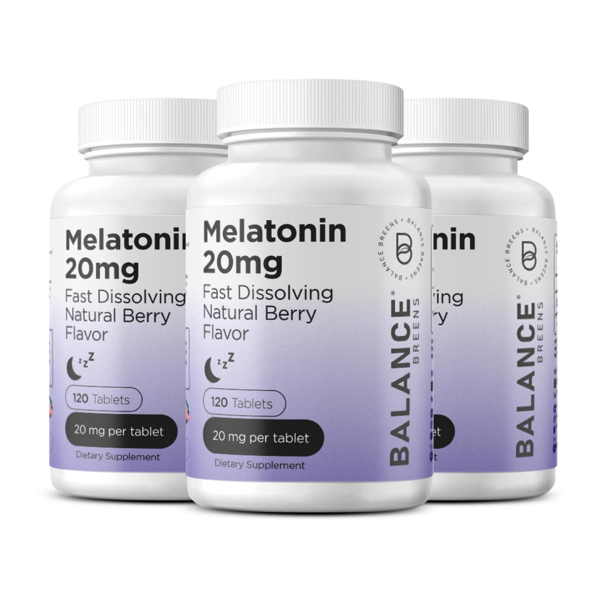 Balancebreens Melatonin 20mg fast-dissolve bottle for quick sleep support and convenient nightly use.