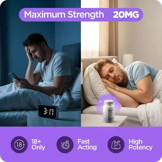 Balancebreens Melatonin 20mg tablet closeup shows fast-dissolve design for quick rest.