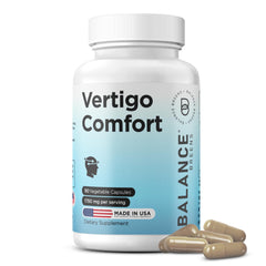 Balancebreens Vertigo Relief bottle front showing dosage for daily balance support