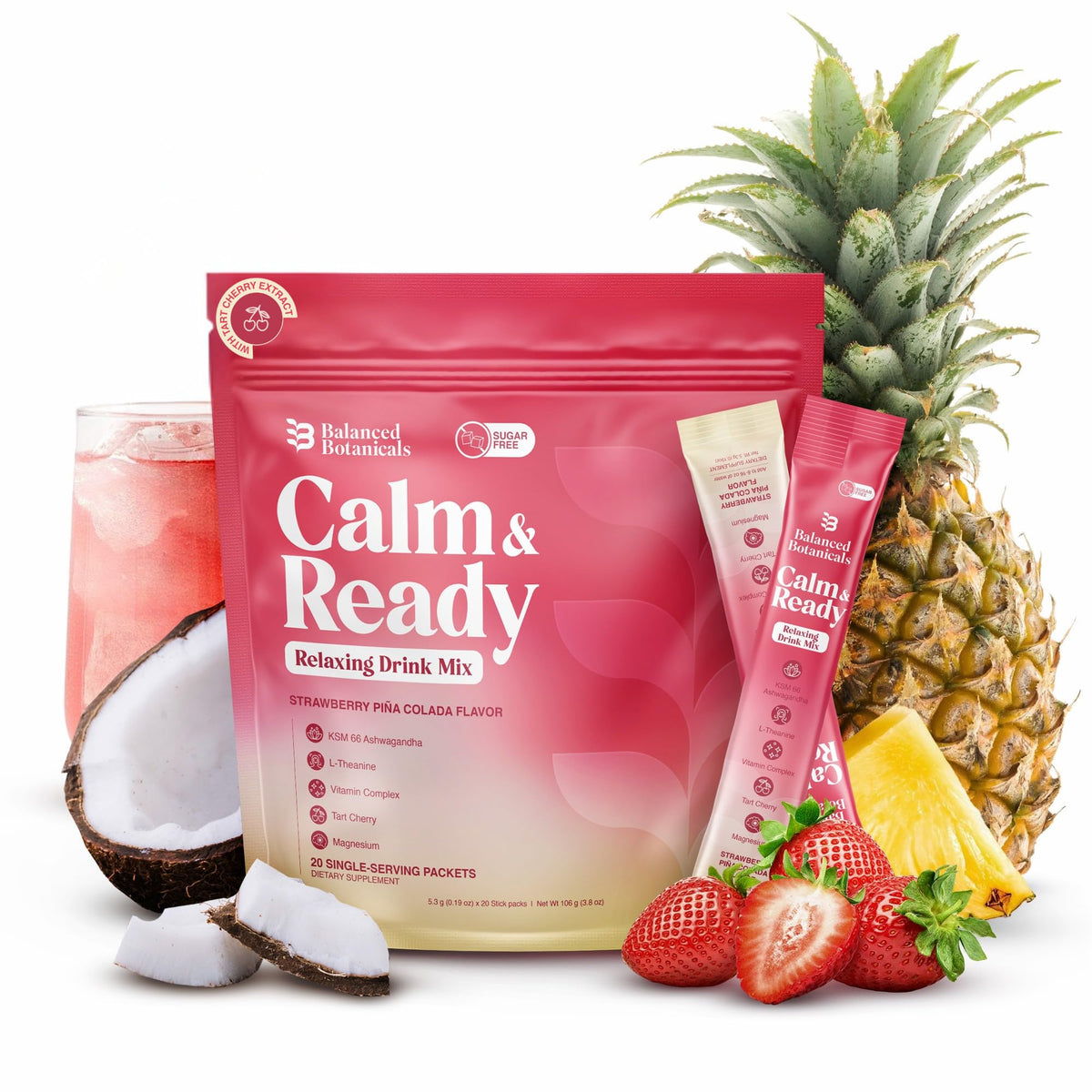 Balanced Botanicals Calm Ready: sachet opened for a calming daily ritual.