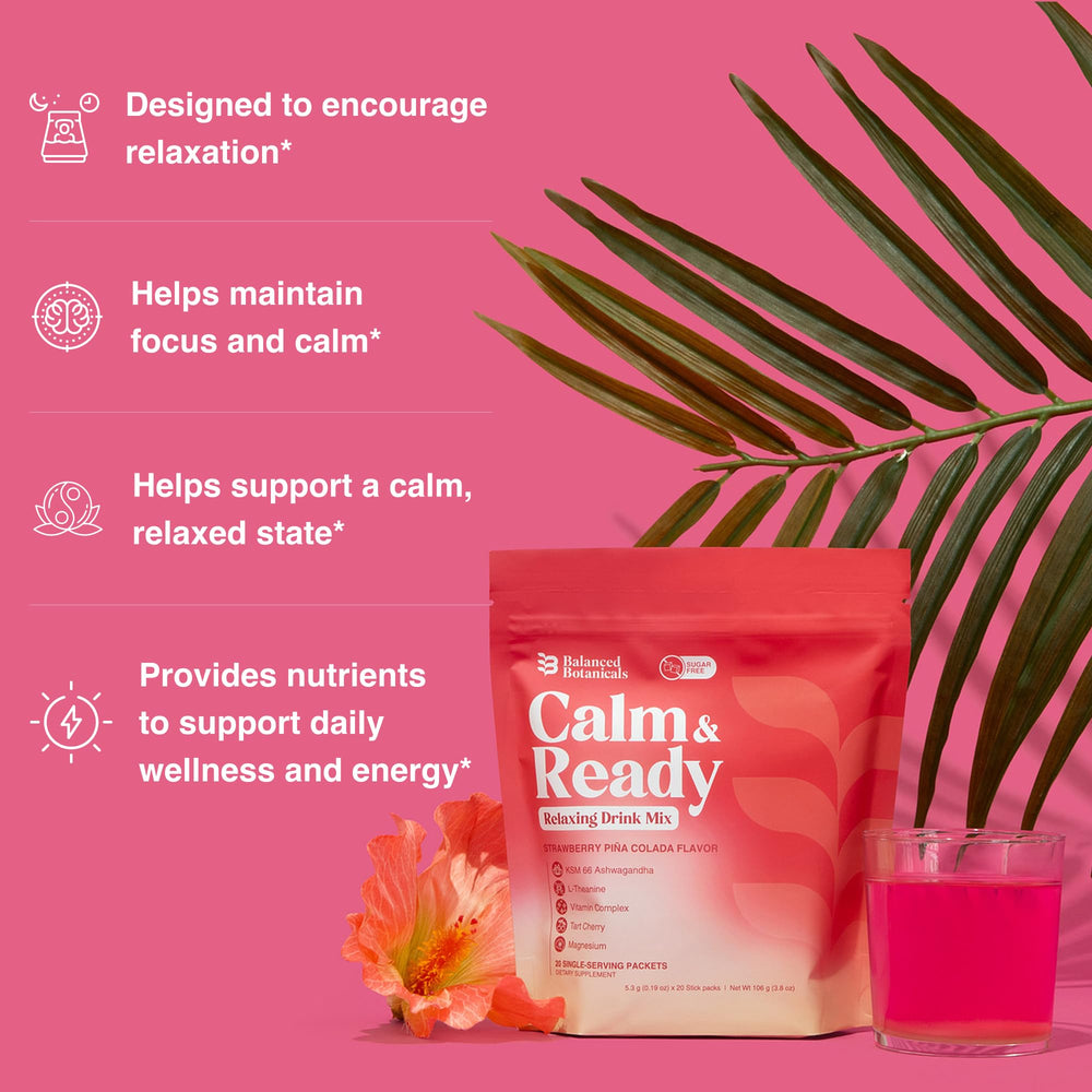 Balanced Botanicals Calm Ready: Strawberry Piña Colada flavor ready to sip for mood balance.