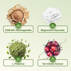 Balanced Botanicals L-Theanine and tart cherry ingredients showcased for relaxation and recovery support.
