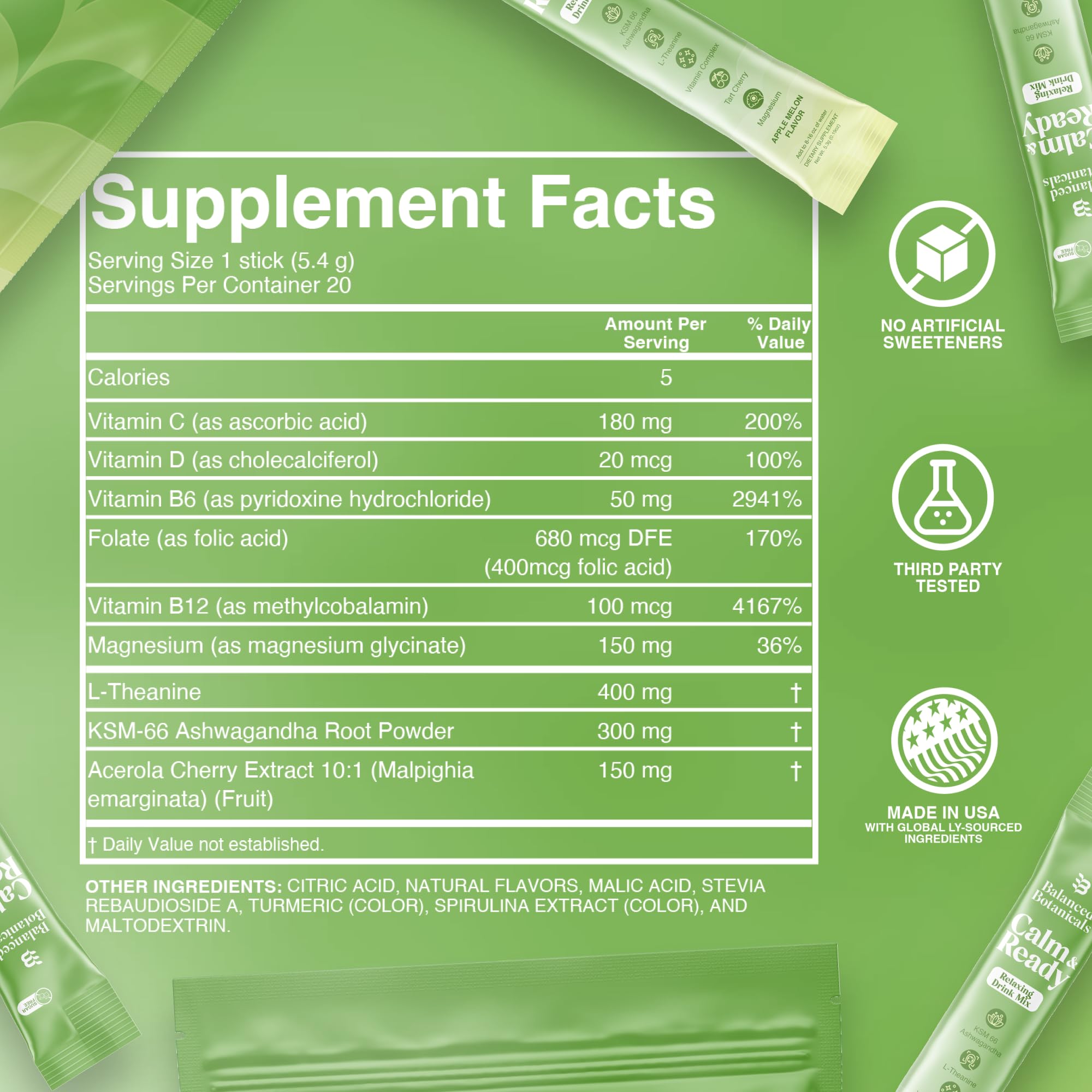 Balanced Botanicals Calm and Ready travel packets displayed for on-the-go calm and focus.