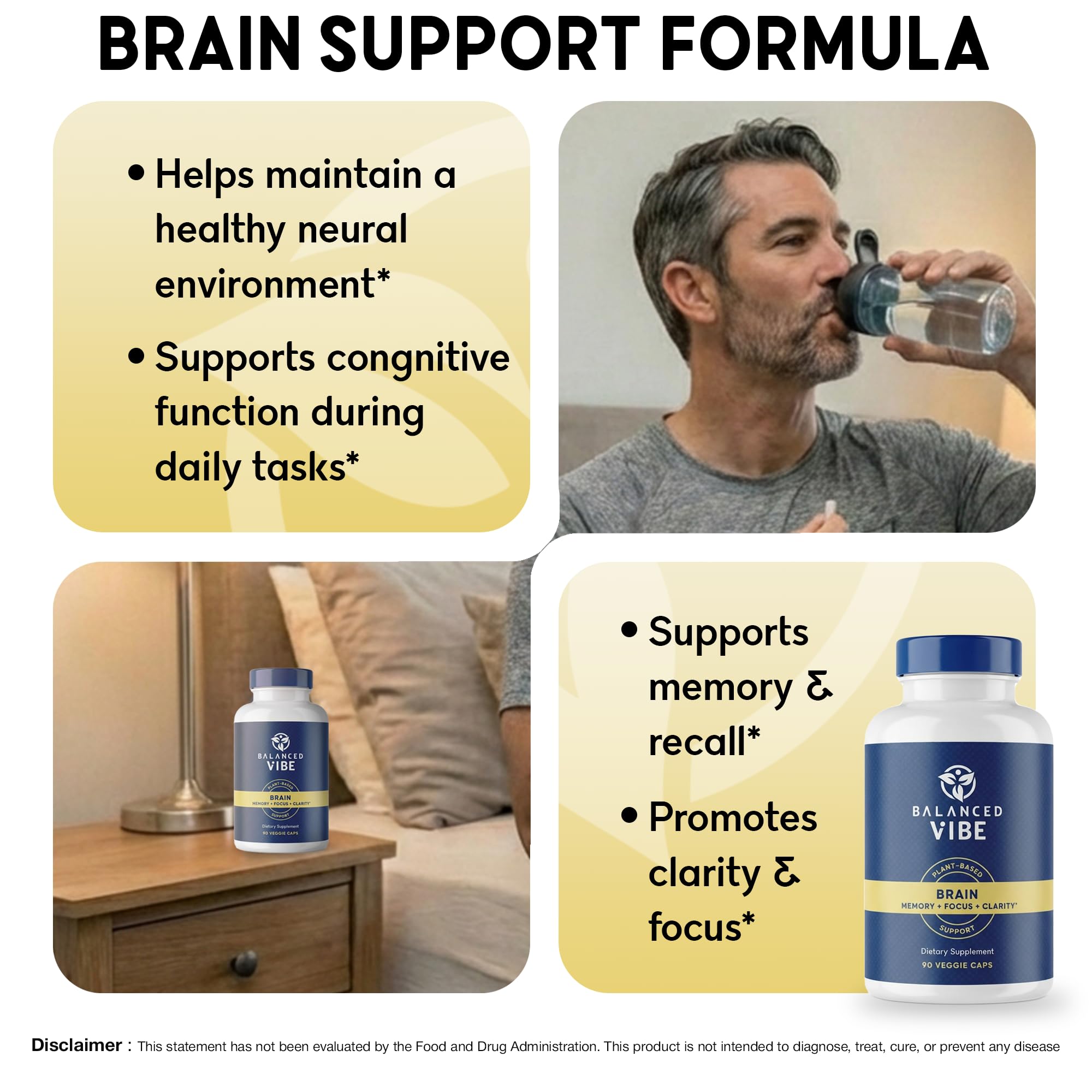 Balanced Vibe Brain Formula capsules close-up for easy daily serving.