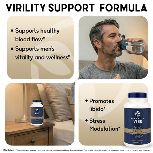 Balanced Vibe Men's Vitality capsules close-up showing smooth surface for daily support.