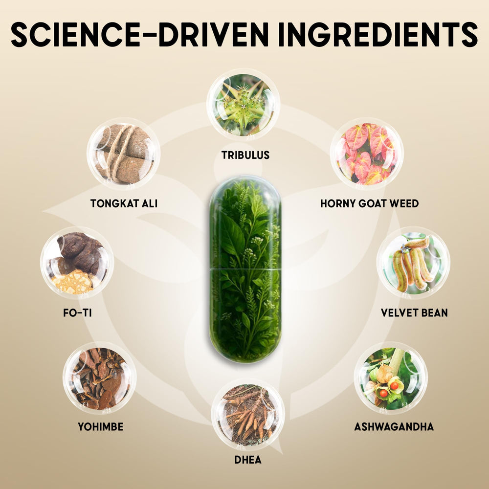 Balanced Vibe Men's Vitality label detailing key ingredients for wellness.