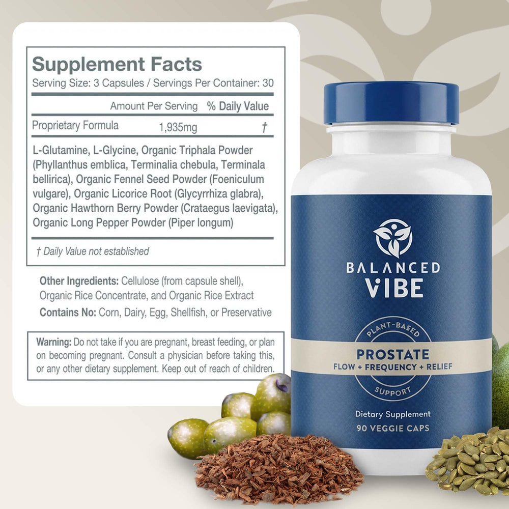 Balanced Vibe Saw Palmetto daily-use pack showcases a simple routine for consistent use.