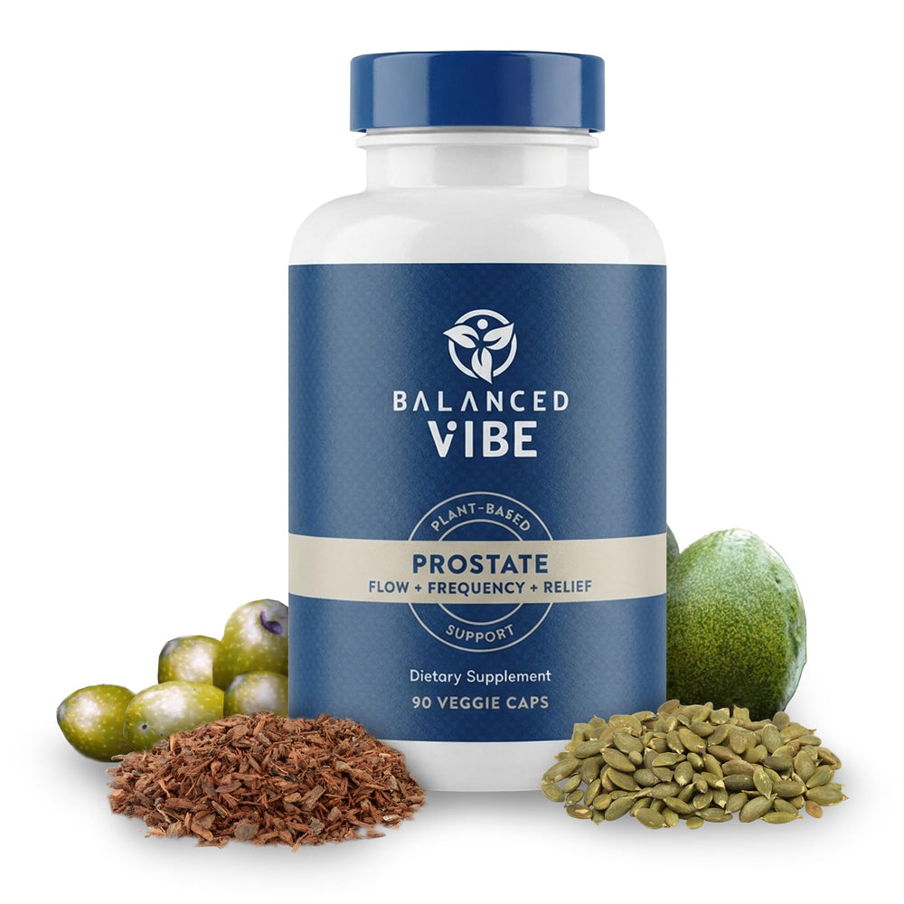 Balanced Vibe Saw Palmetto capsules pour, suggesting convenient daily comfort support.